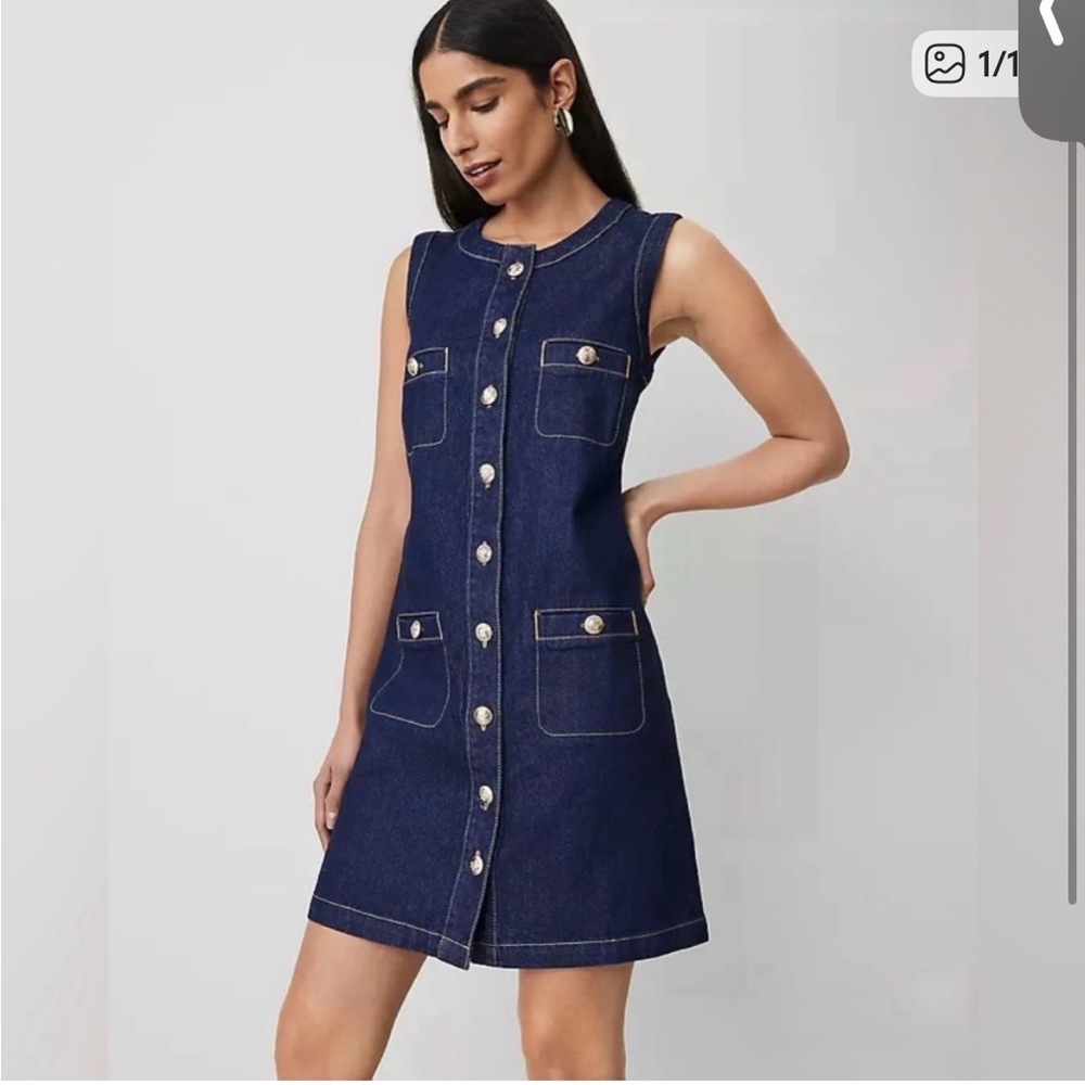 Ann Taylor Dark Blue Denim Sheath dress with gold buttons